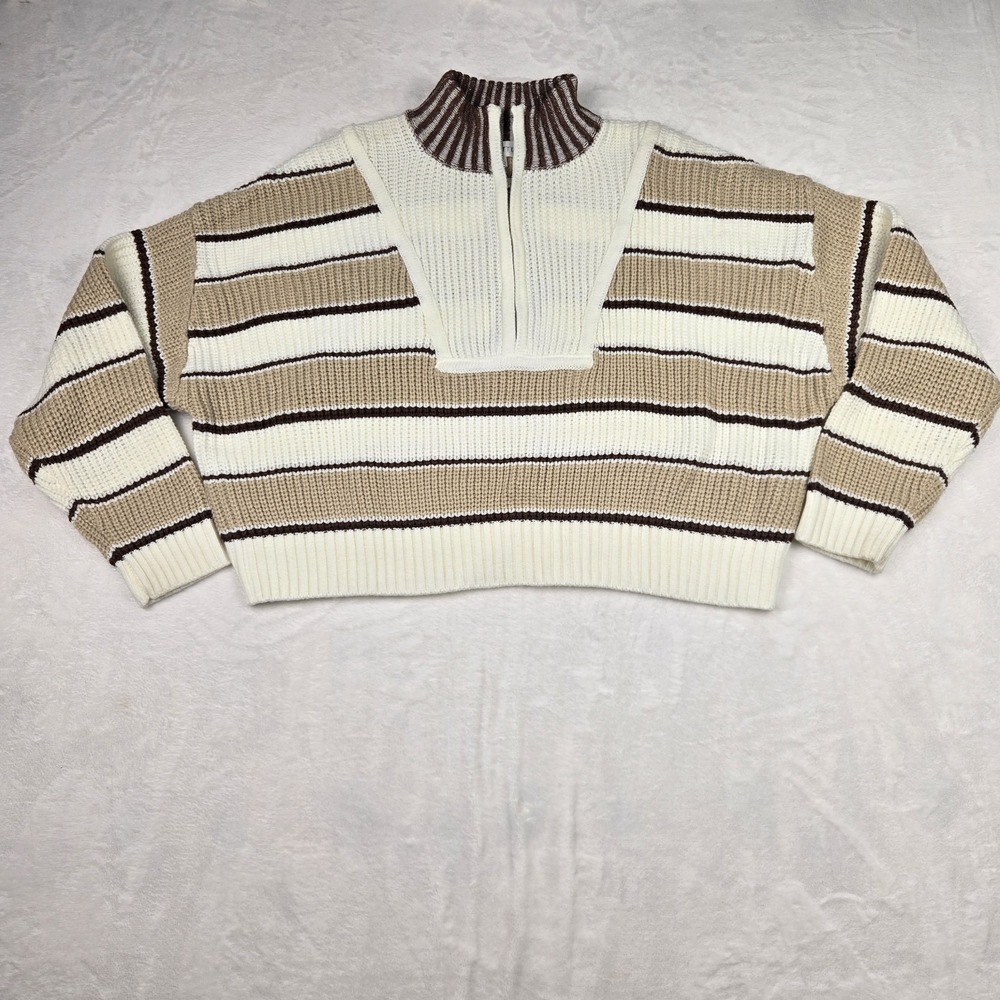 Creaman White‎ Cream Brown Striped 1/4 Zip Knit Medium Sweater Cropped